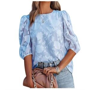 New STARVNC Women Floral Print Crew Neck Half Sleeve Blue Blouse, S